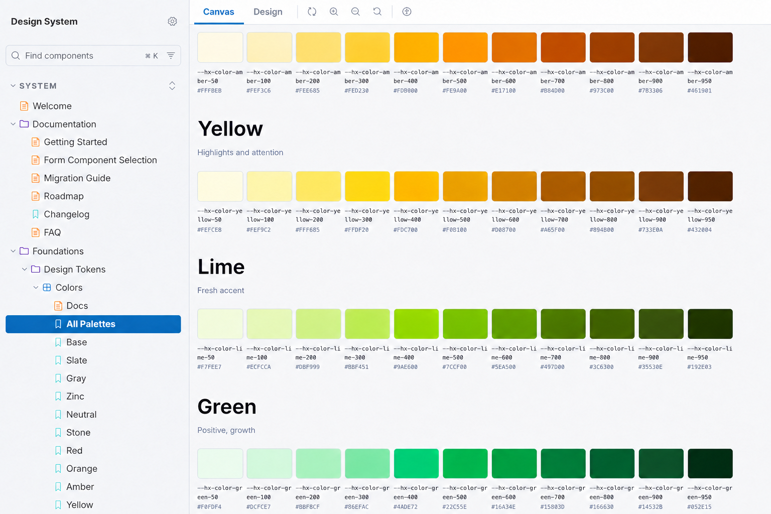Interface Storybook anonymisée présentant la navigation de documentation, le changelog et des palettes de tokens.